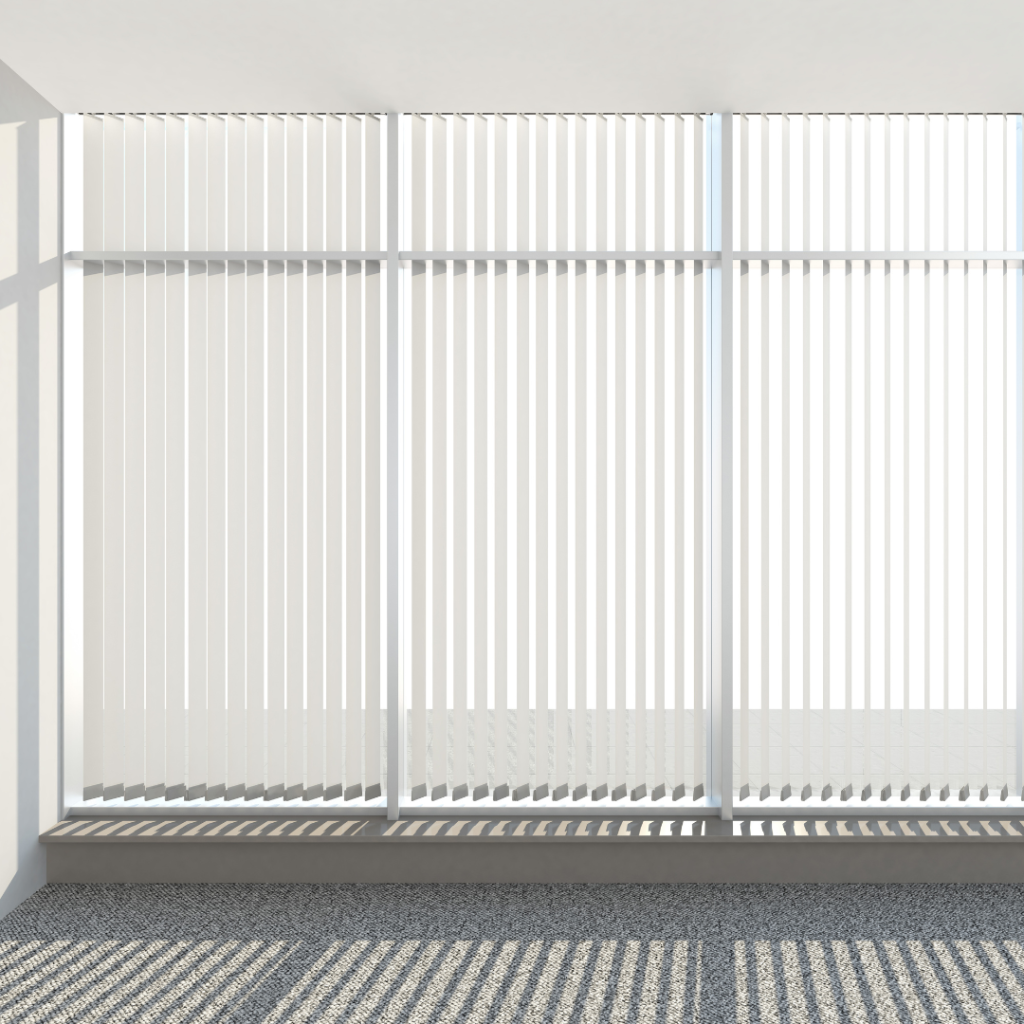 he image shows a large window with vertical blinds partially open, allowing sunlight to cast shadows on the floor. The room appears bright and minimalistic, with a carpeted floor.