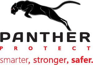 The logo features a black panther in a leaping pose above the word "PANTHER" in bold black letters. Below it, the word "PROTECT" is in smaller red letters. The phrase "smarter, stronger, safer." is written underneath in red, with "stronger" in bold.